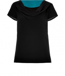 Stylish top in fine, pure black silk - Luxe fabric is soft to the touch and drapes beautifully - Slim, straight silhouette, hits just below hip - Short sleeves and small, side slit detail - Fabric darts at bust and back, wide hem - Beautifully proportioned, oversize cowl neck - Elegant blue lining at collar - Pair with a pencil skirt or wide-leg trousers and platform pumps Stylish top in fine, pure black silk - Luxe fabric is soft to the touch and drapes beautifully - Slim, straight silhouette, hits just below hip - Short sleeves and small, side slit detail - Fabric darts at bust and back, wide hem - Beautifully proportioned, oversize cowl neck - Elegant blue lining at collar - Pair with a pencil skirt or wide-leg trousers and platform pumps