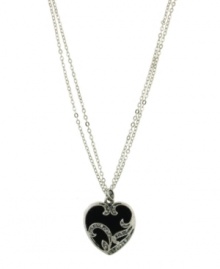 Style to suit your heart's desire. 2028's dazzling pendant features a jet enamel heart surrounded by a swirling, art deco-inspired crystal design. Setting and double chain crafted in silver tone mixed metal. Approximate length: 16 inches + 3-inch extender. Approximate drop: 1-1/4 inches. Style to suit your heart's desire. 2028's dazzling pendant features a jet enamel heart surrounded by a swirling, art deco-inspired crystal design. Setting and double chain crafted in silver tone mixed metal. Approximate length: 16 inches + 3-inch extender. Approximate drop: 1-1/4 inches.