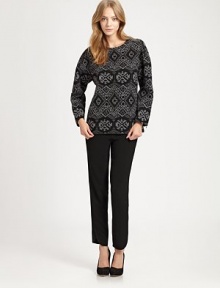 Ikat intarsia on soft fleece makes this clean-lined silhouette the perfect cold-weather pullover.RoundneckLong sleevesCenter back zipperAbout 25 from shoulder to hem41% acrylic/37% polyester/18% wool/4% other fibersDry cleanImported of Italian fabricModel shown is 5'9 (175cm) wearing US size 4. Ikat intarsia on soft fleece makes this clean-lined silhouette the perfect cold-weather pullover.RoundneckLong sleevesCenter back zipperAbout 25 from shoulder to hem41% acrylic/37% polyester/18% wool/4% other fibersDry cleanImported of Italian fabricModel shown is 5'9 (175cm) wearing US size 4.