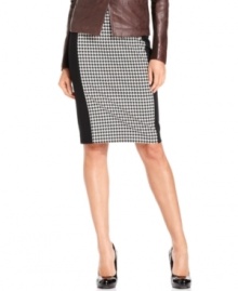 Sophisticated houndstooth alternates with solid panels to give this MICHAEL Michael Kors pencil skirt a fresh, modern feel. Classic pumps keep it polished for work while statement heels give it the right look for a night out. Sophisticated houndstooth alternates with solid panels to give this MICHAEL Michael Kors pencil skirt a fresh, modern feel. Classic pumps keep it polished for work while statement heels give it the right look for a night out.