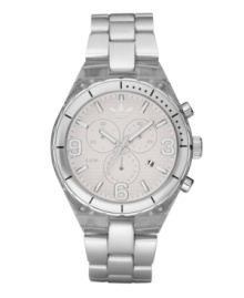 Keep the spring in your step with this lightweight watch by adidas. Silver tone aluminum bracelet and round clear nylon plastic case with silver tone bezel. White grid-patterned chronograph dial features silver tone numerals at three, six and nine o'clock, stick indices, date window at four o'clock, three subdials, luminous hands and logo. Quartz movement. Water resistant to 50 meters. Two-year limited warranty.