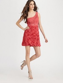 Gorgeous allover rosettes decorate this ultra-feminine asymmetrical design.Asymmetrical necklineRuched bodiceBeaded empire waistAllover rosette appliqués on skirtConcealed side zipFully linedAbout 19 from natural waistPolyesterSpot cleanImportedModel shown is 5'11 (180cm) wearing US size 4. Gorgeous allover rosettes decorate this ultra-feminine asymmetrical design.Asymmetrical necklineRuched bodiceBeaded empire waistAllover rosette appliqués on skirtConcealed side zipFully linedAbout 19 from natural waistPolyesterSpot cleanImportedModel shown is 5'11 (180cm) wearing US size 4.