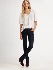 Sleek and sexy fit in dark wash denim makes a great wardrobe essential.THE FITFitted through hips and thighsMedium rise, about 8Inseam, about 30½THE DETAILSZip flyFive-pocket styleFront rivetsContrast logo embroidery at back patch pocket98% cotton/2% polyurethaneDry cleanMade in USA of imported fabricModel shown is 5'9 (175cm) wearing US size 4. Sleek and sexy fit in dark wash denim makes a great wardrobe essential.THE FITFitted through hips and thighsMedium rise, about 8Inseam, about 30½THE DETAILSZip flyFive-pocket styleFront rivetsContrast logo embroidery at back patch pocket98% cotton/2% polyurethaneDry cleanMade in USA of imported fabricModel shown is 5'9 (175cm) wearing US size 4.