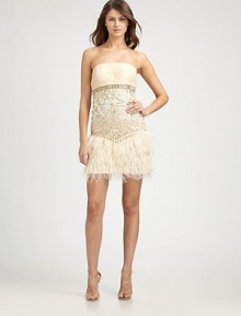 A playful ostrich feather hemline dresses up this intricately beaded design.StraplessRuched bustBeaded bodice with soutache embroideryOstrich feather trimConcealed side zipFully linedAbout 19½ from natural waist70% nylon/30% polyesterSpot cleanImportedModel shown is 5'10½ (179cm) wearing US size 4. A playful ostrich feather hemline dresses up this intricately beaded design.StraplessRuched bustBeaded bodice with soutache embroideryOstrich feather trimConcealed side zipFully linedAbout 19½ from natural waist70% nylon/30% polyesterSpot cleanImportedModel shown is 5'10½ (179cm) wearing US size 4.