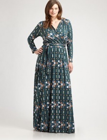 A brilliant print adorns this floor-length dress with a universally flattering wrap design. You will love how the modal fabrication with a touch of stretch complements your curves.Wrap frontLong sleevesPull-on styleAllover printSelf-tie beltAbout 63 from natural waist92% modal/8% spandexDry cleanMade in USA A brilliant print adorns this floor-length dress with a universally flattering wrap design. You will love how the modal fabrication with a touch of stretch complements your curves.Wrap frontLong sleevesPull-on styleAllover printSelf-tie beltAbout 63 from natural waist92% modal/8% spandexDry cleanMade in USA