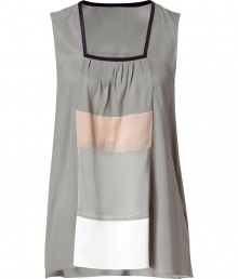 With a whimsical bohemian feel, this color block top from Schumacher is causal yet fashion-forward - Square neck, sleeveless, pleat-detailed bust, colorblock front panel and back shoulder and hem, flared silhouette - Pair with cropped trousers, a slim blazer, and platform pumps With a whimsical bohemian feel, this color block top from Schumacher is causal yet fashion-forward - Square neck, sleeveless, pleat-detailed bust, colorblock front panel and back shoulder and hem, flared silhouette - Pair with cropped trousers, a slim blazer, and platform pumps