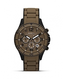 Solid and stylish, this brushed gunmetal watch from MARC BY MARC JACOBS with a silicone bracelet, date feature, bold accents, and chronograph movement will take your style up a tick. Wear it to sharpen your look. Solid and stylish, this brushed gunmetal watch from MARC BY MARC JACOBS with a silicone bracelet, date feature, bold accents, and chronograph movement will take your style up a tick. Wear it to sharpen your look.