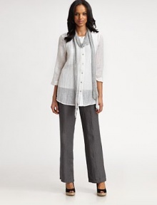 Breezy gauze adds an ethereal feel to this button-down design with a curved, ultra-feminine hem.Round neckThree-quarter sleevesButton frontCurved hemAbout 27 from shoulder to hemLinenMachine washImported Model shown is 5'9 (175cm) wearing US size Small. Breezy gauze adds an ethereal feel to this button-down design with a curved, ultra-feminine hem.Round neckThree-quarter sleevesButton frontCurved hemAbout 27 from shoulder to hemLinenMachine washImported Model shown is 5'9 (175cm) wearing US size Small.