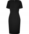 Feminine and flattering with its stretch crepe and empire waistline, Burberry Londons black sheath is a sleek way to take your work look to cocktails - Scoop neckline, short sleeves with logo button detail, empire waistline, tonal metal back zip, kick pleat - Form-fitting - Wear with heels and a leather handbag