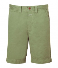 Casual shorts in fine, pure olive green cotton - Soft, lighter weight fabric has a relaxed, worn-in look - Classic Bermuda style is slim and hits above the knee - Belt loops, zip fly and button closure - Slash pockets at sides, welt pockets at rear - Rugged and cool, ideal for pairing with t-shirts, button downs and polos