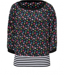 Inject some quirky-cool style to your look with this bold top from Steffen Schraut - Round neck, three-quarter sleeves, all-over floral print, contrasting stripe print at hem, oversized silhouette - Pair with cropped trousers, a blazer, and heels Inject some quirky-cool style to your look with this bold top from Steffen Schraut - Round neck, three-quarter sleeves, all-over floral print, contrasting stripe print at hem, oversized silhouette - Pair with cropped trousers, a blazer, and heels