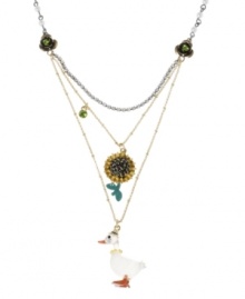 Your new feathered friend. This Betsey Johnson's three-row pendant necklace is detailed with duck and sunflower charms and sparkling crystal accents. Three chains crafted in gold tone mixed metal, glass pearls and crystal cups. Approximate length: 15 inches + 3-inch extender. Approximate drop: 4 inches. Your new feathered friend. This Betsey Johnson's three-row pendant necklace is detailed with duck and sunflower charms and sparkling crystal accents. Three chains crafted in gold tone mixed metal, glass pearls and crystal cups. Approximate length: 15 inches + 3-inch extender. Approximate drop: 4 inches.