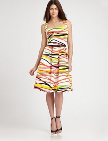 Colorfully printed cotton in a pleated style, cinched at the waist with a narrow belt.Square necklineSleevelessNarrow beltPleated skirtBack cutout with bow detailAbout 24 from natural waist97% cotton/3% spandexDry cleanMade in USA of imported fabricModel shown is 5'10 (177cm) wearing US size 4. 