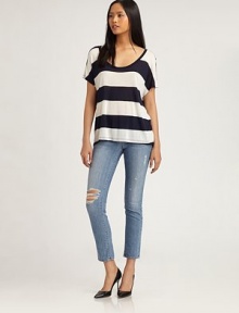 Boldly striped scoopneck of soft jersey has short dolman sleeves and a trend-forward hi-low hem. ScoopneckDropped shouldersShort dolman sleevesHi-low hemRayonDry cleanMade in USAModel shown is 5'10 (177cm) wearing US size Small. Boldly striped scoopneck of soft jersey has short dolman sleeves and a trend-forward hi-low hem. ScoopneckDropped shouldersShort dolman sleevesHi-low hemRayonDry cleanMade in USAModel shown is 5'10 (177cm) wearing US size Small.