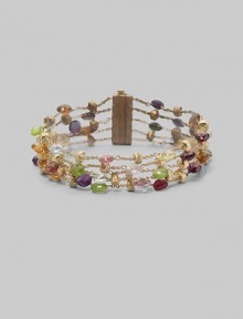 Five delicate chains, sprinkled with a colorful array of faceted semi-precious stones and textured gold rondelles, joined by a sleek bar clasp. May include tourmaline, quartz, peridot, rhodolite garnet, iolite, tanzanite, aquamarine and apatite 18k yellow gold Length, about 7½ Width, about 1 Bar clasp Made in Italy Please note: Stones may vary. Five delicate chains, sprinkled with a colorful array of faceted semi-precious stones and textured gold rondelles, joined by a sleek bar clasp. May include tourmaline, quartz, peridot, rhodolite garnet, iolite, tanzanite, aquamarine and apatite 18k yellow gold Length, about 7½ Width, about 1 Bar clasp Made in Italy Please note: Stones may vary.