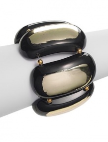 THE LOOKLarge rounded rectangle beadsSmall bead spacers Faux gold leaf accentsResinStretch designTHE MEASUREMENTWidth, about 2¼ORIGINImported THE LOOKLarge rounded rectangle beadsSmall bead spacers Faux gold leaf accentsResinStretch designTHE MEASUREMENTWidth, about 2¼ORIGINImported