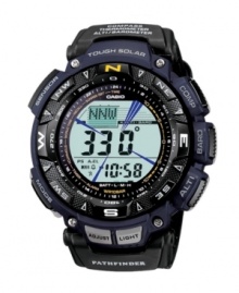 Constantly evolving and updating, Casio presents their latest Pathfinder model. Watch crafted from black cloth strap and round blue resin case. Black turning bezel with cardinal directions. Solar-powered, digital display dial features full auto EL backlight, triple sensor (altimeter/barometer, thermometer, digital compass), five daily alarms, world time, stopwatch and countdown timer. Quartz movement. Water resistant to 100 meters. One-year limited warranty. Constantly evolving and updating, Casio presents their latest Pathfinder model. Watch crafted from black cloth strap and round blue resin case. Black turning bezel with cardinal directions. Solar-powered, digital display dial features full auto EL backlight, triple sensor (altimeter/barometer, thermometer, digital compass), five daily alarms, world time, stopwatch and countdown timer. Quartz movement. Water resistant to 100 meters. One-year limited warranty.