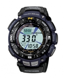 Constantly evolving and updating, Casio presents their latest Pathfinder model. Watch crafted from black cloth strap and round blue resin case. Black turning bezel with cardinal directions. Solar-powered, digital display dial features full auto EL backlight, triple sensor (altimeter/barometer, thermometer, digital compass), five daily alarms, world time, stopwatch and countdown timer. Quartz movement. Water resistant to 100 meters. One-year limited warranty.