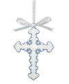 Add elegance to your tree with this sculpted porcelain cross from Wedgwood. Blue background with white relief. Fleur-de-lis liliform details throughout. Wedgwood grosgrain ribbon for hanging. 4 x 2-3/4