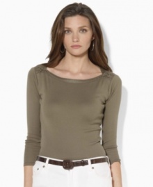 Look relaxed and polished in this three-quarter-sleeve boatneck from Lauren by Ralph Lauren, fashioned in sleek ribbed cotton with laced detailing at the shoulders. Look relaxed and polished in this three-quarter-sleeve boatneck from Lauren by Ralph Lauren, fashioned in sleek ribbed cotton with laced detailing at the shoulders.
