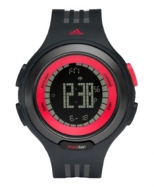 Go up against yourself for competition with this serious Response Sequence watch by adidas. Gray-striped black polyurethane strap and round plastic case with gray aluminum bezel, red logo and red pushers. Negative display digital dial with black background features gray digits displaying time, day, date, 50-lap memory, shadow race mode, chronograph and interval timer. Quartz movement. Water resistant to 100 meters. Two-year limited warranty. Go up against yourself for competition with this serious Response Sequence watch by adidas. Gray-striped black polyurethane strap and round plastic case with gray aluminum bezel, red logo and red pushers. Negative display digital dial with black background features gray digits displaying time, day, date, 50-lap memory, shadow race mode, chronograph and interval timer. Quartz movement. Water resistant to 100 meters. Two-year limited warranty.