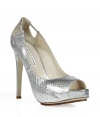 Get the look of the moment in these luxe metallic peep-toe python pumps from Burak Uyan - Peep-toe, front platform, cut out detail at heel, ultra-high stiletto heel - Wear with a figure-hugging cocktail dress and a statement clutch