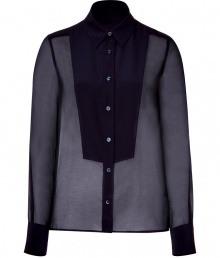 Luxe navy sheer silk top from See by Chloe - This sheer tuxedo style top brings fashion-forward appeal to any ensemble - Bib front, button front placket, small collar, barrel cuffs, and back pleating detail - Wear with skinny trousers, a wool A-line coat, and peep-toe heels Luxe navy sheer silk top from See by Chloe - This sheer tuxedo style top brings fashion-forward appeal to any ensemble - Bib front, button front placket, small collar, barrel cuffs, and back pleating detail - Wear with skinny trousers, a wool A-line coat, and peep-toe heels