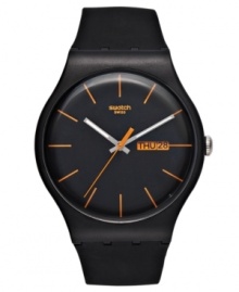 Be rebellious this season. This sleek watch from Swatch's Dark Rebel collection is a versatile accessory with pops of orange. Be rebellious this season. This sleek watch from Swatch's Dark Rebel collection is a versatile accessory with pops of orange.