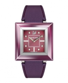 Prismatic purple creates a regal effect on this Rock 'n' Light watch by Swarovski. Prune-colored leather strap and square stainless steel case with amethyst satin crystal bezel. Prune-colored sunray dial features clear crystal markers, silver tone stick indices at three, six and nine o'clock, logo at twelve o'clock and two hands. Swiss quartz movement. Water resistant to 30 meters. Two-year limited warranty. Prismatic purple creates a regal effect on this Rock 'n' Light watch by Swarovski. Prune-colored leather strap and square stainless steel case with amethyst satin crystal bezel. Prune-colored sunray dial features clear crystal markers, silver tone stick indices at three, six and nine o'clock, logo at twelve o'clock and two hands. Swiss quartz movement. Water resistant to 30 meters. Two-year limited warranty.