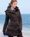Cute zigzag quilting updates a puffer coat from DKNY. A cozy hood provides extra protection from the elements.