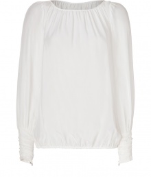 Finish your outfit on an ethereal note with Rachel Zoes pristine ivory silk top - Gathered round neckline, long sleeves, pleated cuffs with metal zipper detail, elasticized hemline, sheer - Loosely fitted - Wear with slim-fit separates and sleek leather accessories Finish your outfit on an ethereal note with Rachel Zoes pristine ivory silk top - Gathered round neckline, long sleeves, pleated cuffs with metal zipper detail, elasticized hemline, sheer - Loosely fitted - Wear with slim-fit separates and sleek leather accessories