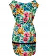 Chic dress in fine, multicolor silk - Gorgeous, on-trend yellow and teal floral print - Flattering boat neckline, belted waist, barely there short sleeves - Decorative black trim at short, tulip skirt - Slim cut, A-line silhouette tapers at waist - Elegant, trendy and fun, ideal for parties and events - Pair with platform ankle booties or strappy sandals and style with a clutch