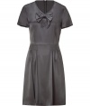 Super feminine in soft anthracite stretch silk, DKNYs bow detailed dress guarantees for a sweet finish - V-neckline, short sleeves, hidden back zip, loosely tailored bodice, smocked waistline detail, softly gathered skirt - Pair with platform Mary-Janes and a streamlined clutch