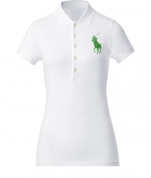 Detailed in breathable cotton stretch mesh, Ralph Laurens big pony polo is a cool modern take on this iconic style - Small collar, button placket, short sleeves, oversized shiny green embroidered polo player at chest, slit sides, high-low hemline - Slim fit - Wear with your favorite jeans and just as bright loafers Detailed in breathable cotton stretch mesh, Ralph Laurens big pony polo is a cool modern take on this iconic style - Small collar, button placket, short sleeves, oversized shiny green embroidered polo player at chest, slit sides, high-low hemline - Slim fit - Wear with your favorite jeans and just as bright loafers