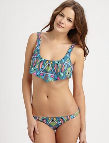 For those looking for a bit more coverage and support on top, this two-piece swim design offers just that. Wider straps for more supportSquare necklineRuffle detailBack clasp closureAllover printMinimal coverage, stretch bottom80% nylon/20% spandexHand washMade in USA