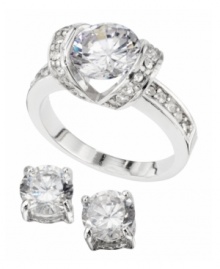 The perfect pairing of sparkle. City by City's earring and ring set is packed full of glittering round-cut cubic zirconias (6-1/4 ct. t.w.). Ring features an intricate channel-set band and engagement ring design. Earrings feature a four prong setting. Set crafted in silver tone mixed metal. Ring size 7. The perfect pairing of sparkle. City by City's earring and ring set is packed full of glittering round-cut cubic zirconias (6-1/4 ct. t.w.). Ring features an intricate channel-set band and engagement ring design. Earrings feature a four prong setting. Set crafted in silver tone mixed metal. Ring size 7.