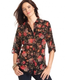 Work florals into your fall wardrobe with NY Collection's latest shirt. Work florals into your fall wardrobe with NY Collection's latest shirt.