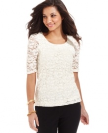 NY Collection's top features a romantic lace overlay that's sheer at the sleeves. Perfect for adding a touch of vintage inspiration to your look! NY Collection's top features a romantic lace overlay that's sheer at the sleeves. Perfect for adding a touch of vintage inspiration to your look!