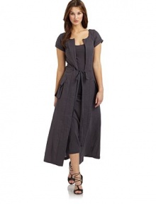 THE LOOKRound necklineShort cuffed sleevesOpen frontDrawstring tie waistFront patch pocketsTonal tank dress underlayTHE FITAbout 54 from shoulder to hemTHE MATERIALCottonFully linedCARE & ORIGINHand washImportedModel shown is 5'9½ (176cm) wearing US size 4. THE LOOKRound necklineShort cuffed sleevesOpen frontDrawstring tie waistFront patch pocketsTonal tank dress underlayTHE FITAbout 54 from shoulder to hemTHE MATERIALCottonFully linedCARE & ORIGINHand washImportedModel shown is 5'9½ (176cm) wearing US size 4.