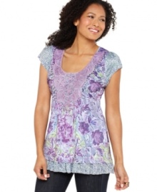 One World's floral tunic features a feminine lace yoke and a tiered hem. Studs give it just the right amount of edge! One World's floral tunic features a feminine lace yoke and a tiered hem. Studs give it just the right amount of edge!