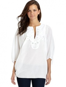 THE LOOKPullover styleSplit necklineThree-quarter length dolman sleevesPleated detailsShirttail hemTHE FITAbout 29 from shoulder to hemTHE MATERIAL70% cotton/30% silkCARE & ORIGINHand washImportedModel shown is 5'9 (175cm) wearing US size Small. THE LOOKPullover styleSplit necklineThree-quarter length dolman sleevesPleated detailsShirttail hemTHE FITAbout 29 from shoulder to hemTHE MATERIAL70% cotton/30% silkCARE & ORIGINHand washImportedModel shown is 5'9 (175cm) wearing US size Small.