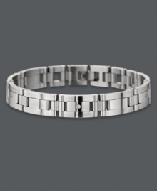 Give him a perfectly polished gift. This structured men's bracelet features a rectangular link design accented by sparkling round-cut diamonds (1/8 ct. t.w.). Crafted in stainless steel. Approximate length: 8-1/2 inches. Approximate width: 1/2 inch. Give him a perfectly polished gift. This structured men's bracelet features a rectangular link design accented by sparkling round-cut diamonds (1/8 ct. t.w.). Crafted in stainless steel. Approximate length: 8-1/2 inches. Approximate width: 1/2 inch.
