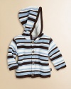 Both cozy and sophisticated, in a textured purl stitch of smart stripes with a comfy hood.Jersey-lined hood with solid trimButton frontLong sleeves with solid cuffsSolid bottom trimFully linedCottonMachine washImported Please note: Number of buttons may vary depending on size ordered. 