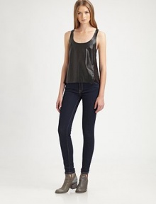 Buttery faux leather tank with a laser-cut front and soft knit scoopback. ScoopneckSleevelessFaux leather front panelKnit scoopbackBody: Polyurethane/viscoseTrim: 95% rayon/5% spandexDry cleanImportedModel shown is 5'11 (178cm) wearing US size Small. Buttery faux leather tank with a laser-cut front and soft knit scoopback. ScoopneckSleevelessFaux leather front panelKnit scoopbackBody: Polyurethane/viscoseTrim: 95% rayon/5% spandexDry cleanImportedModel shown is 5'11 (178cm) wearing US size Small.