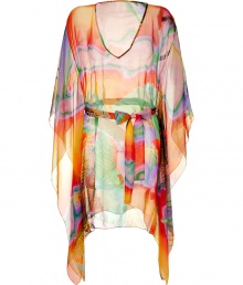 Luxe caftan in ultra-fine pure, orange silk - Diaphanous, airy chiffon drapes beautifully - Vibrant, exotic multicolor print - Deep V-neck and dramatic, oversize batwing sleeves - Tie belt cinches waist - Mini style hits well above the knee - Sensuous and glamorous, a must for your next getaway - Pair with white jeans and sandals or your favorite bikini