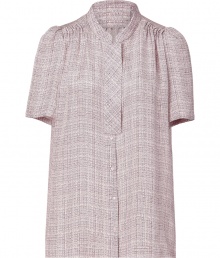 Super feminine and finished with a modern dainty rose plaid, Vanessa Brunos silk shirt is a must for contemporary-cool looks - Short stand-up collar, puffed short sleeves, gathered shoulders, button-down front, relaxed fit - Perfect for tucking into pencil skirts for work, or layering over edgy leather leggings for an urban-cool finish Super feminine and finished with a modern dainty rose plaid, Vanessa Brunos silk shirt is a must for contemporary-cool looks - Short stand-up collar, puffed short sleeves, gathered shoulders, button-down front, relaxed fit - Perfect for tucking into pencil skirts for work, or layering over edgy leather leggings for an urban-cool finish
