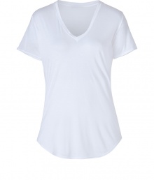 Get the Helmut Lang look by grounding your basics with wardrobe essentials like this super soft V-neck tee from Helmut - V-neckline, short sleeves, longer shirttail hemline in front - Loosely fitted - Wear with figure-hugging separates and edgy leather accessories