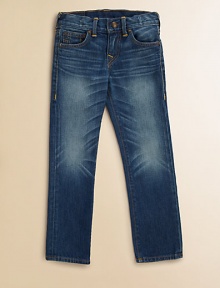 A medium-wash, five-pocket style is updated with whiskering and fading in a slim-fitting silhouette.Front button closureAdjustable waistband with belt loopsZip flyFive-pocket styleCottonMachine washImported of domestic fabric