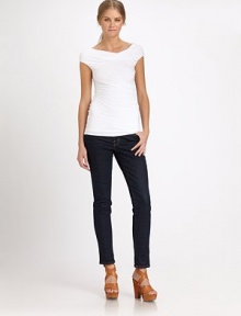 Luxe stretch jersey wrapped and gathered in a flattering boatneck silhouette.Cap sleevesCrossover bodiceRuching throughoutPullover styleAbout 27 from shoulder to hem94% rayon/6% spdandexDry cleanMade in USAModel shown is 5'11 (180cm) wearing US size Small. Luxe stretch jersey wrapped and gathered in a flattering boatneck silhouette.Cap sleevesCrossover bodiceRuching throughoutPullover styleAbout 27 from shoulder to hem94% rayon/6% spdandexDry cleanMade in USAModel shown is 5'11 (180cm) wearing US size Small.