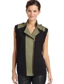 THE LOOKColorblock & mixed media design Stand collar Sleeveless with cuff detailEpaulettesOffset front zip closureTHE FITAbout 26 from shoulder to hemTHE MATERIALPolyesterContrast: cottonCARE & ORIGINHand wash ImportedModel shown is 5'10 (177cm) wearing US size Small. THE LOOKColorblock & mixed media design Stand collar Sleeveless with cuff detailEpaulettesOffset front zip closureTHE FITAbout 26 from shoulder to hemTHE MATERIALPolyesterContrast: cottonCARE & ORIGINHand wash ImportedModel shown is 5'10 (177cm) wearing US size Small.